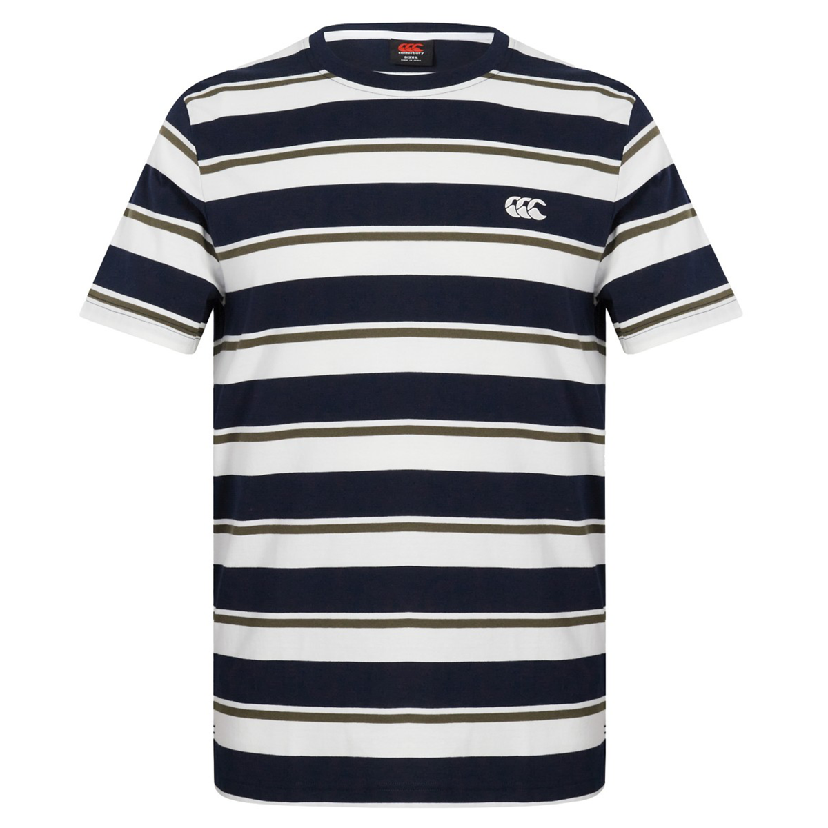 The Canterbury Fundamental Yarn Dye Stripe T-Shirt features rugby-inspired horizontal navy, white, and olive green stripes with a small white logo on the left chest.