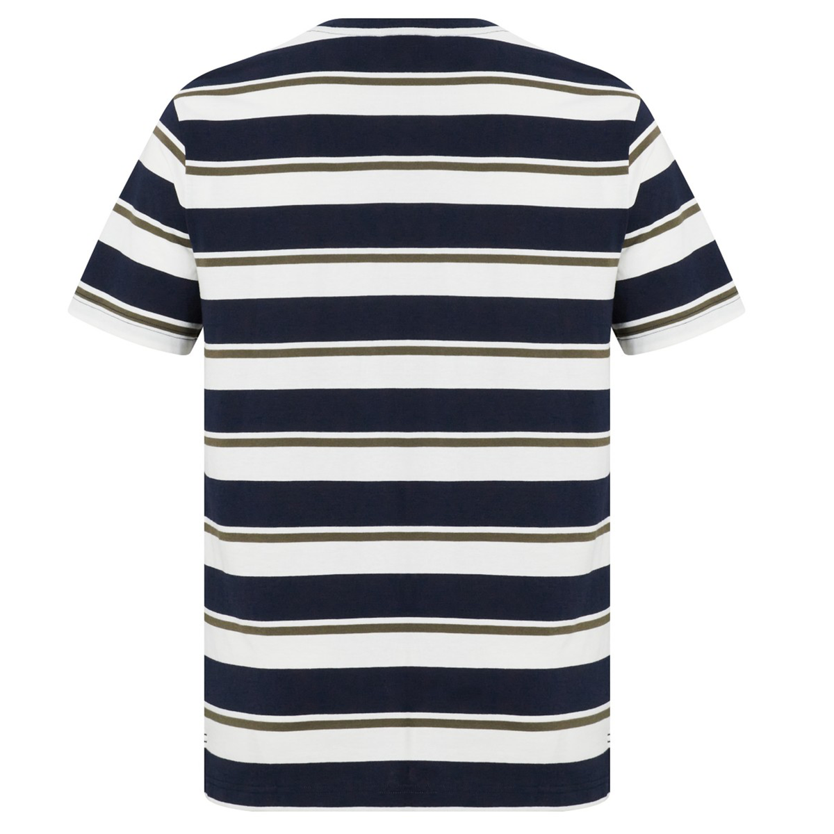 The Canterbury Fundamental Yarn Dye Stripe T-Shirt features short sleeves and horizontal navy, white, and olive green stripes—a rugby-inspired essential shown from the back.