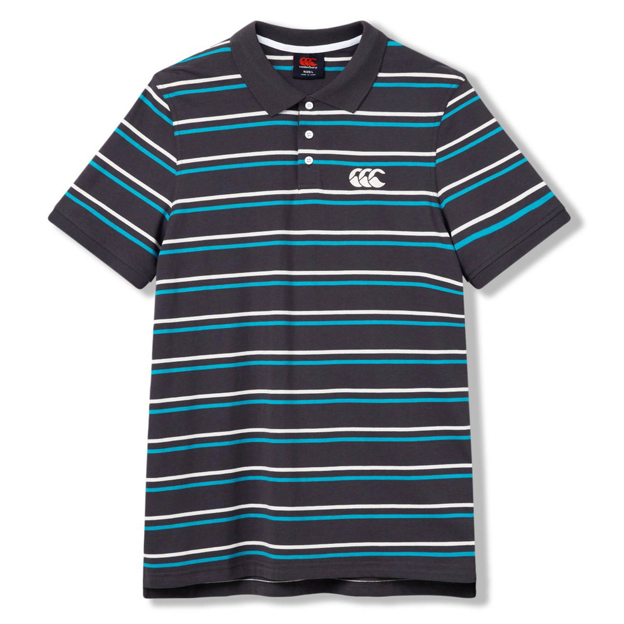 Introducing the Canterbury Yarn Dye Stripe Polo by Canterbury. This short-sleeve polo showcases a timeless black base, accented with blue, white, and teal horizontal stripes. The design features a three-button placket and a crisp white Canterbury logo on the left chest, merging sporty flair with everyday comfort.