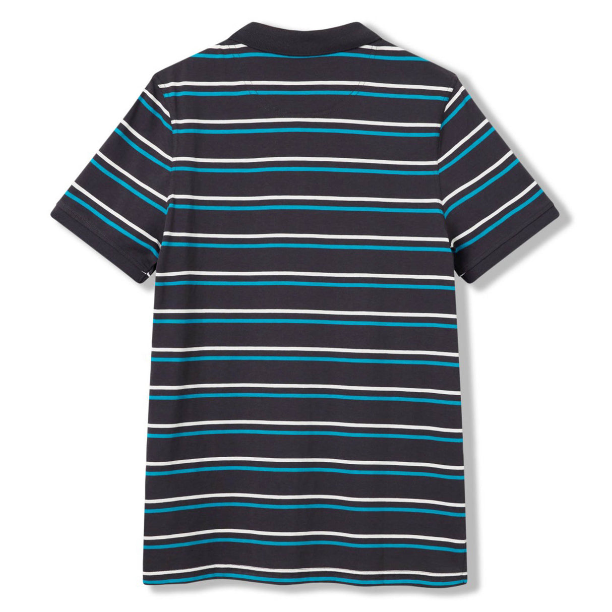 A back view of the Canterbury Yarn Dye Stripe Polo by Canterbury, a short-sleeved rugby polo featuring dark fabric with horizontal blue, white, and teal yarn dye stripes, displayed against a white background.