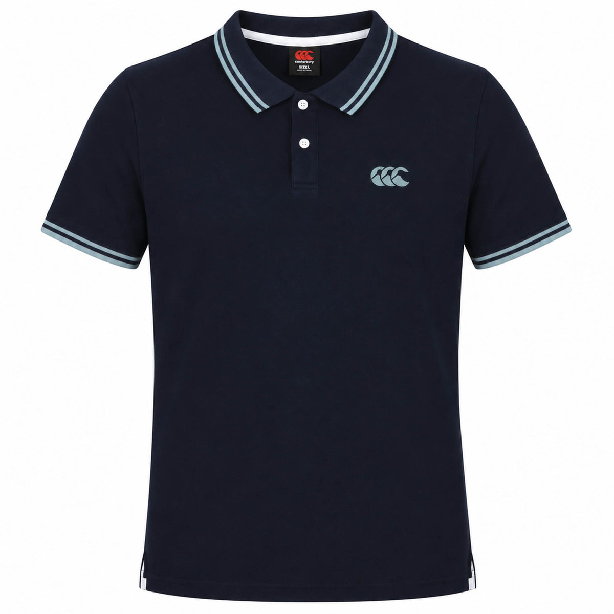 The Canterbury Solid Dye Polo by Canterbury is a navy blue, short-sleeve shirt featuring a collar with three buttons, white and blue trim, and the Canterbury logo on the left chest. Inspired by rugby style, this polo adds an athletic touch to your everyday wardrobe.