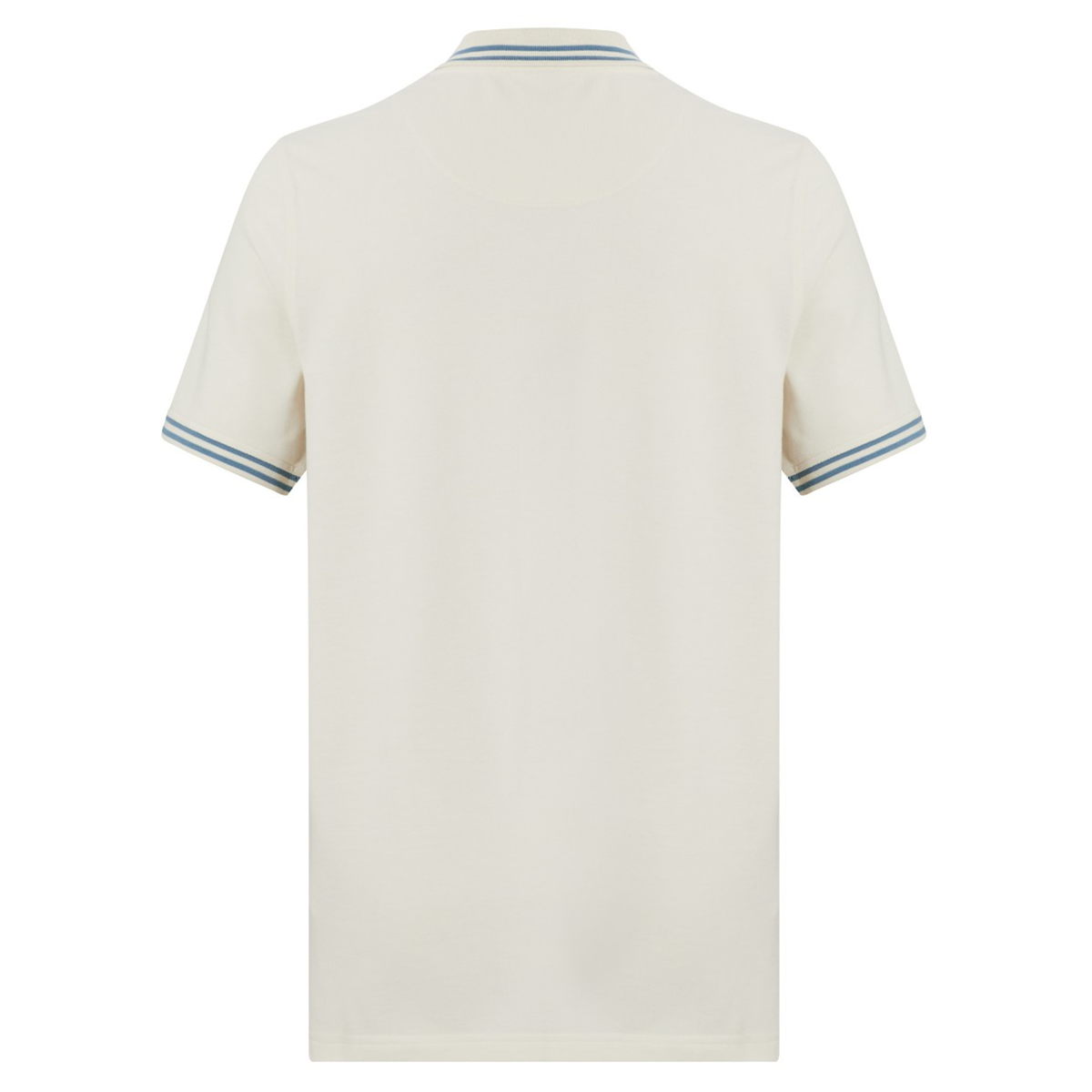 Back view of the Fundamental Solid Dye Polo by Canterbury—a short-sleeve, off-white polo with a rugby-inspired look and blue-and-white striped trim on the sleeves and collar.