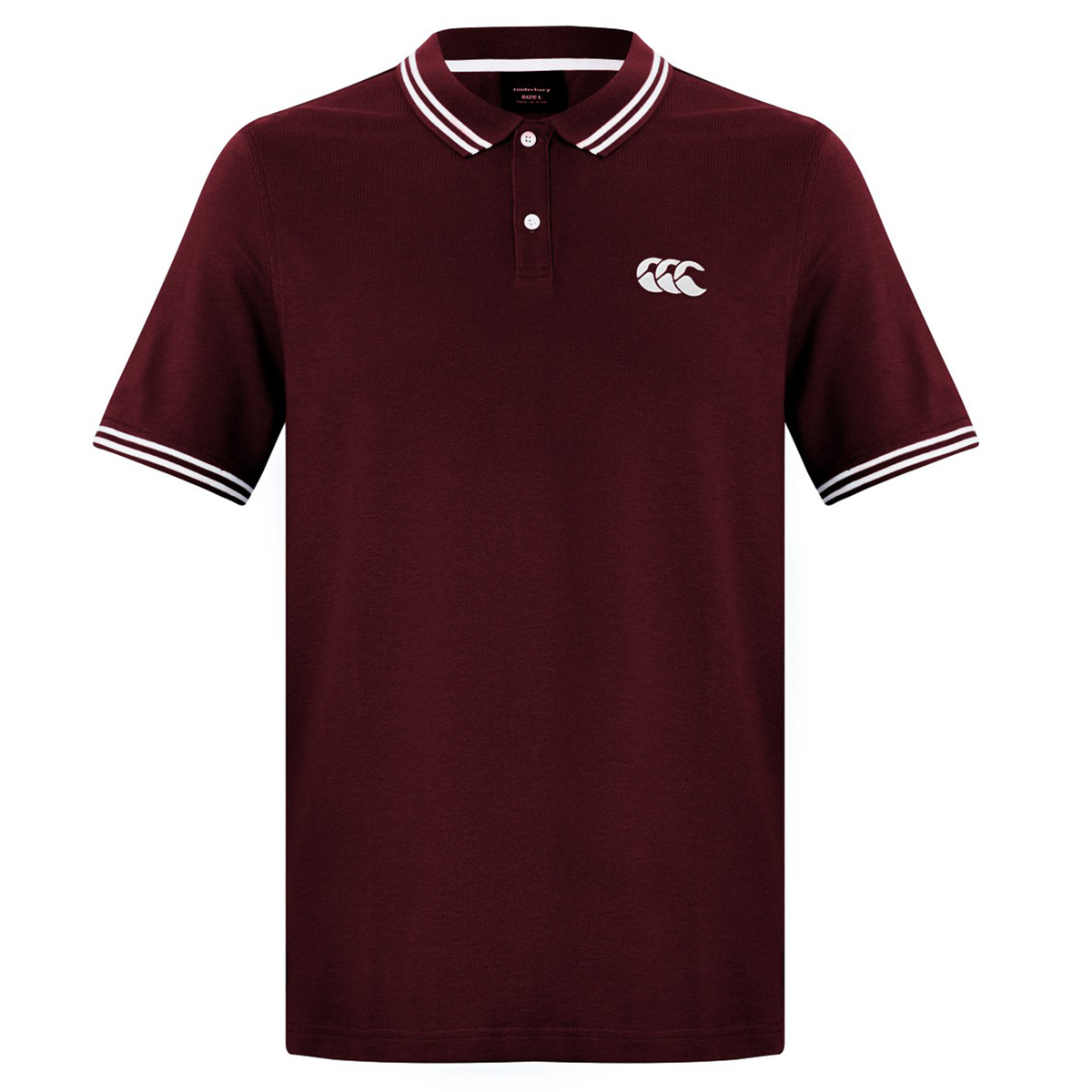 The Canterbury Fundamental Solid Dye Polo is a maroon, short-sleeve shirt with white collar and sleeve trim, a white Canterbury logo on the left chest, and a rugby-inspired design.