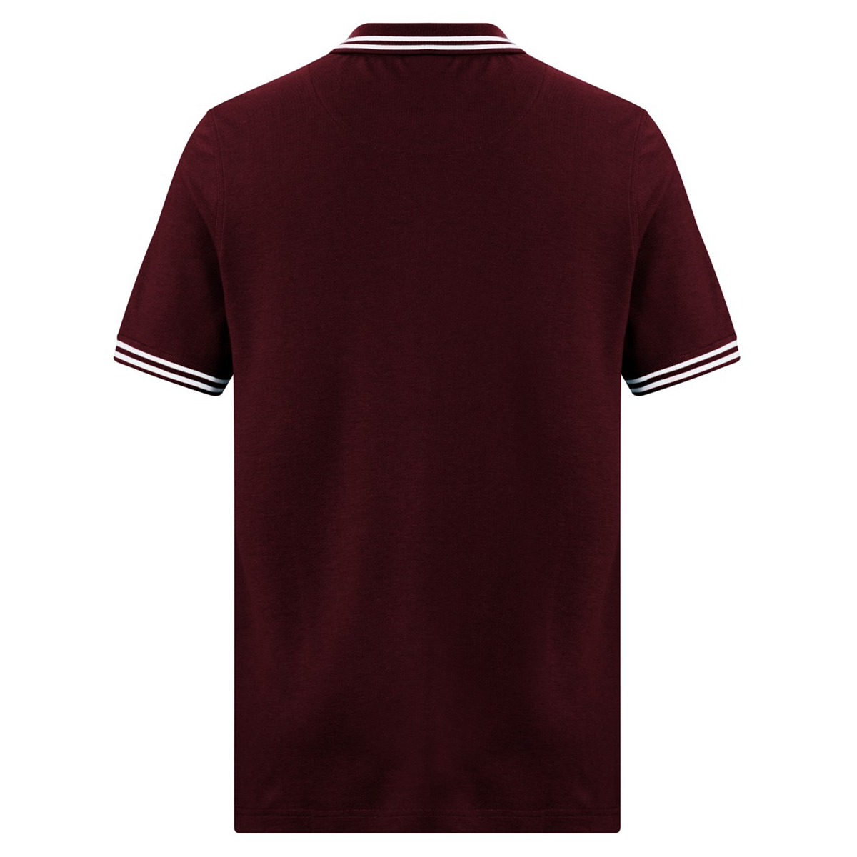 The Fundamental Solid Dye Polo by Canterbury, in burgundy, features white and black stripes on the collar and sleeve cuffs with a rugby-inspired back design.