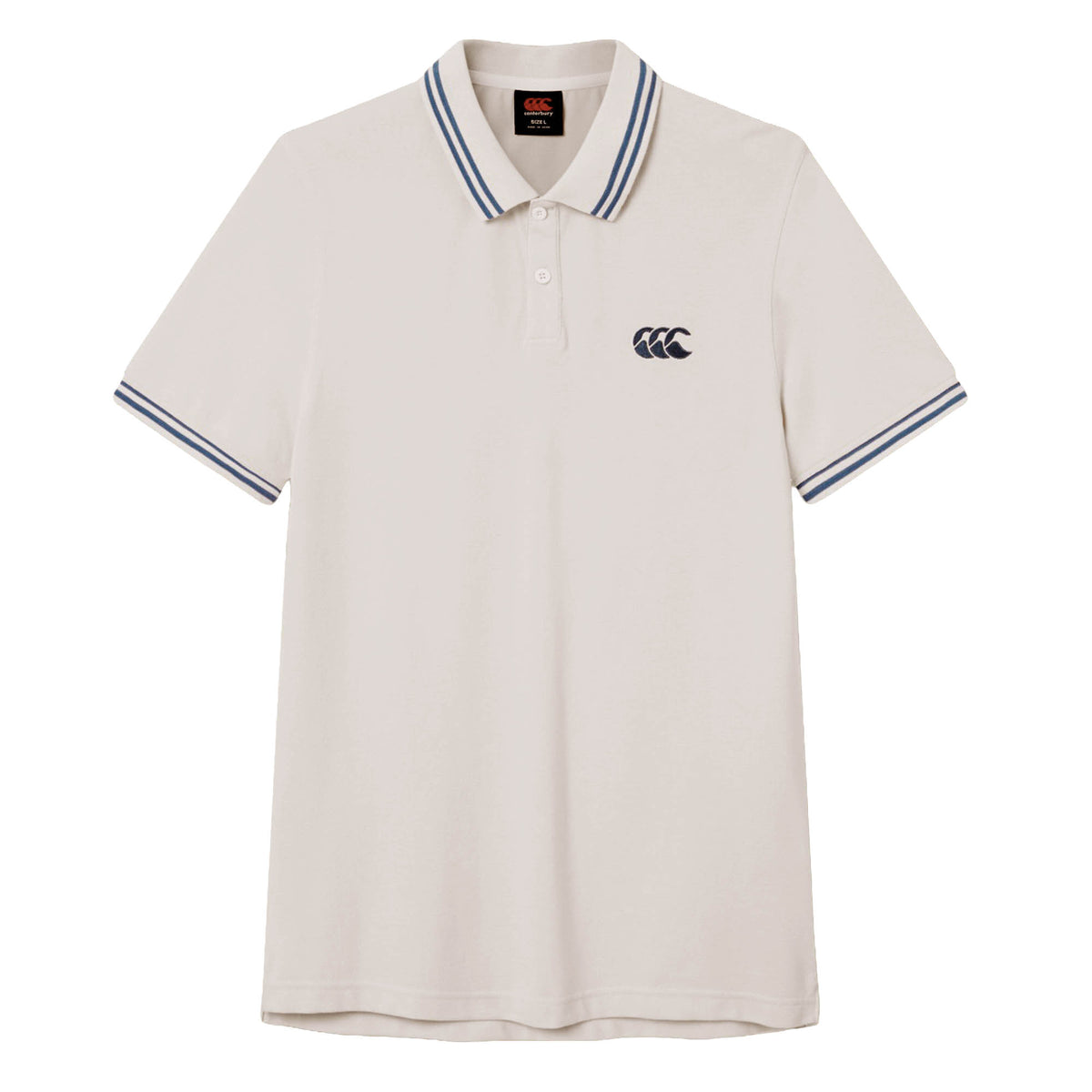The Canterbury Solid Dye Polo by Canterbury is a white short-sleeve athletic shirt featuring a blue-striped collar and cuffs, a two-button placket, and a small black logo on the left chest.