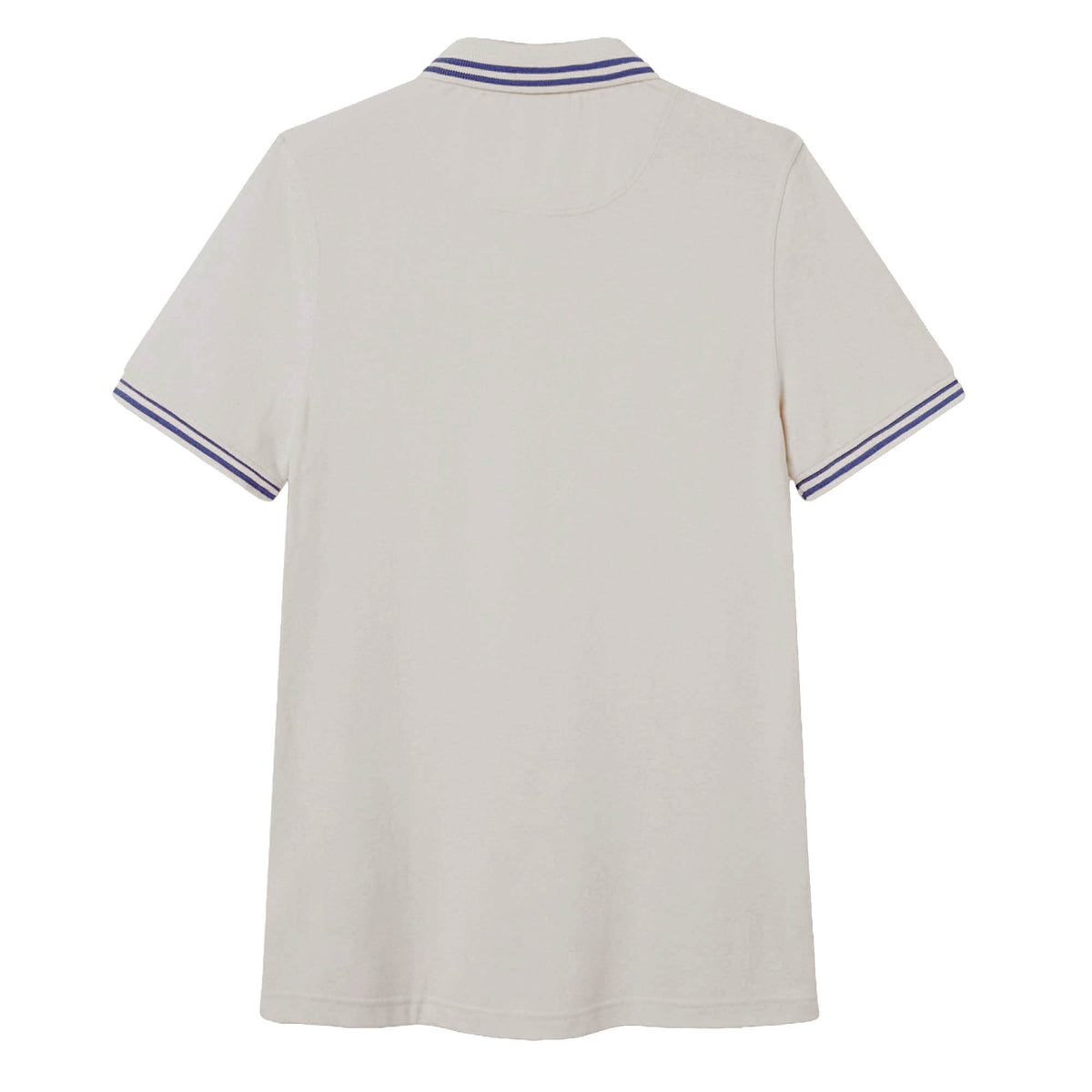 The Canterbury Solid Dye Polo by Canterbury is shown from the back, featuring a classic white short-sleeve design with blue and white stripes on the collar and sleeve cuffs.