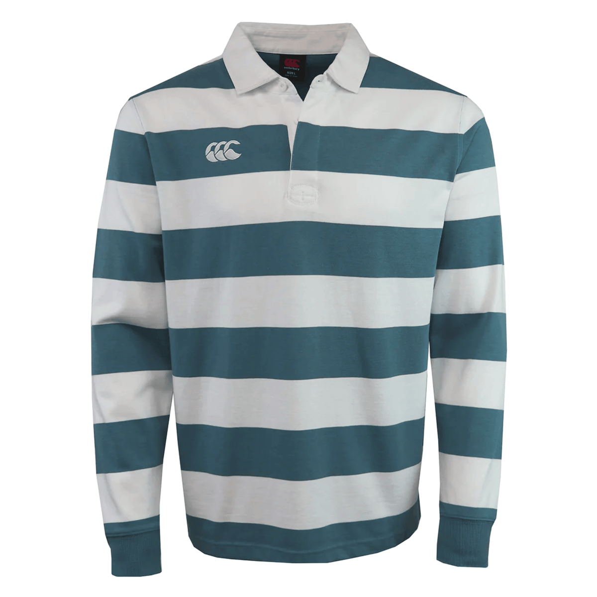 The Canterbury Fundamental Yarn Dye Stripe Long Sleeve Rugby Jersey features wide teal and white stripes, a crisp white collar, and a small white logo on the left chest.