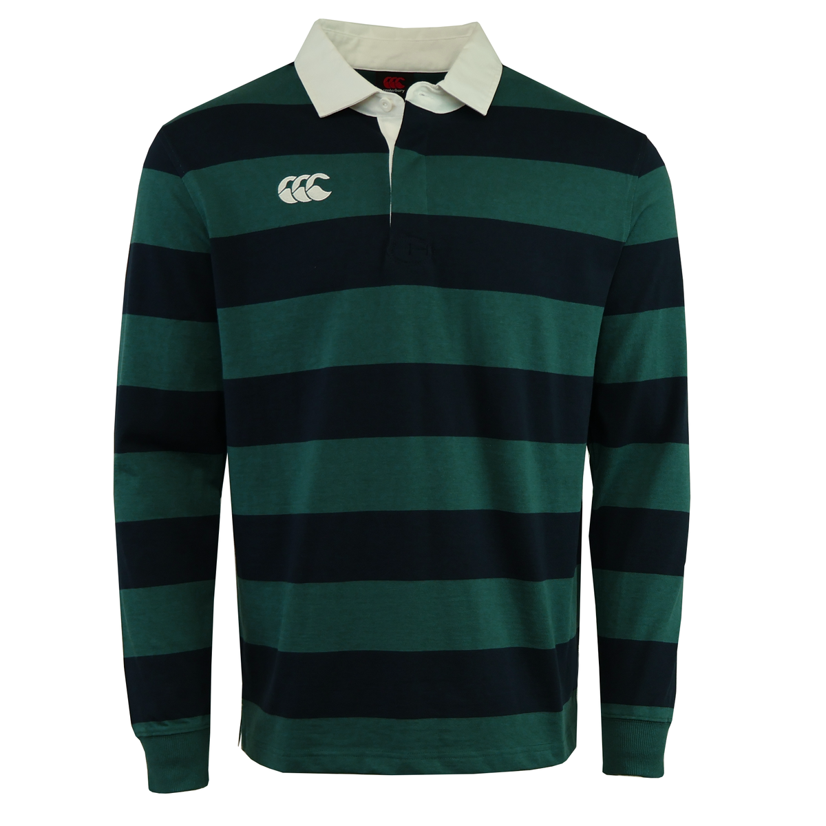 The Canterbury Fundamental Yarn Dye Stripe Long Sleeve Rugby Jersey features classic rugby style with green and navy stripes, a white collar, and the Canterbury logo on the upper right chest.