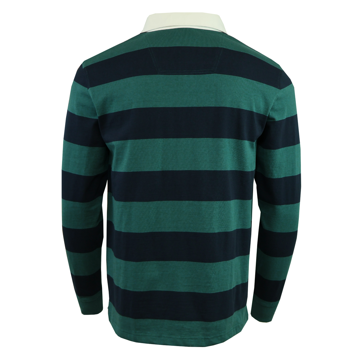 The Canterbury Fundamental Yarn Dye Stripe Long Sleeve Rugby Jersey showcases green and navy stripes, a classic white collar, and an authentic rugby style—crafted by Canterbury.