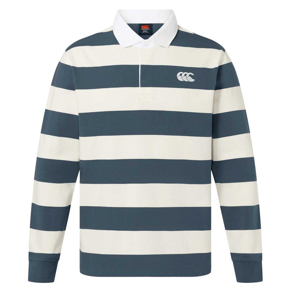 The Canterbury Yarn Stripe Rugby Jersey features wide navy and white stripes, a white collar, and a small chest logo, capturing the classic Canterbury rugby style.