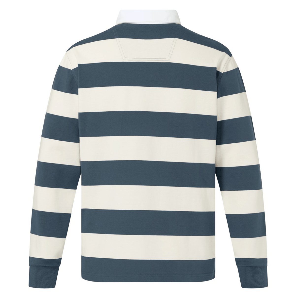 The Canterbury Yarn Stripe Rugby Jersey by Canterbury features wide navy and white yarn-dyed stripes and is shown from the back.