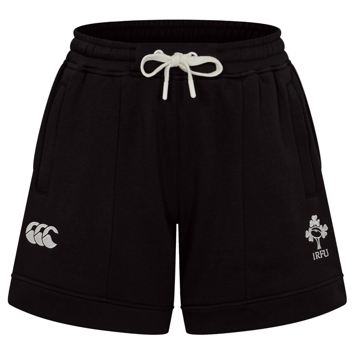 The Women's Ireland 25/26 Knit Short by Canterbury features black athletic design, a white drawstring, the Canterbury logo on the left leg, and an IRFU logo on the right.