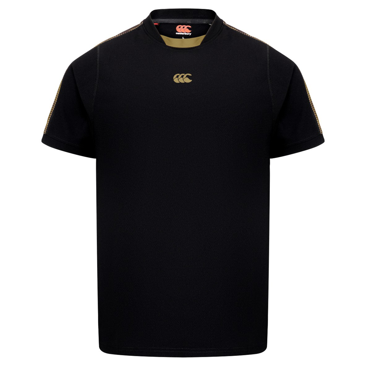 The Canterbury Tempo+ Drill Top is a black short-sleeve rugby shirt featuring a gold chest logo and gold shoulder stitching, shown on a plain white background.