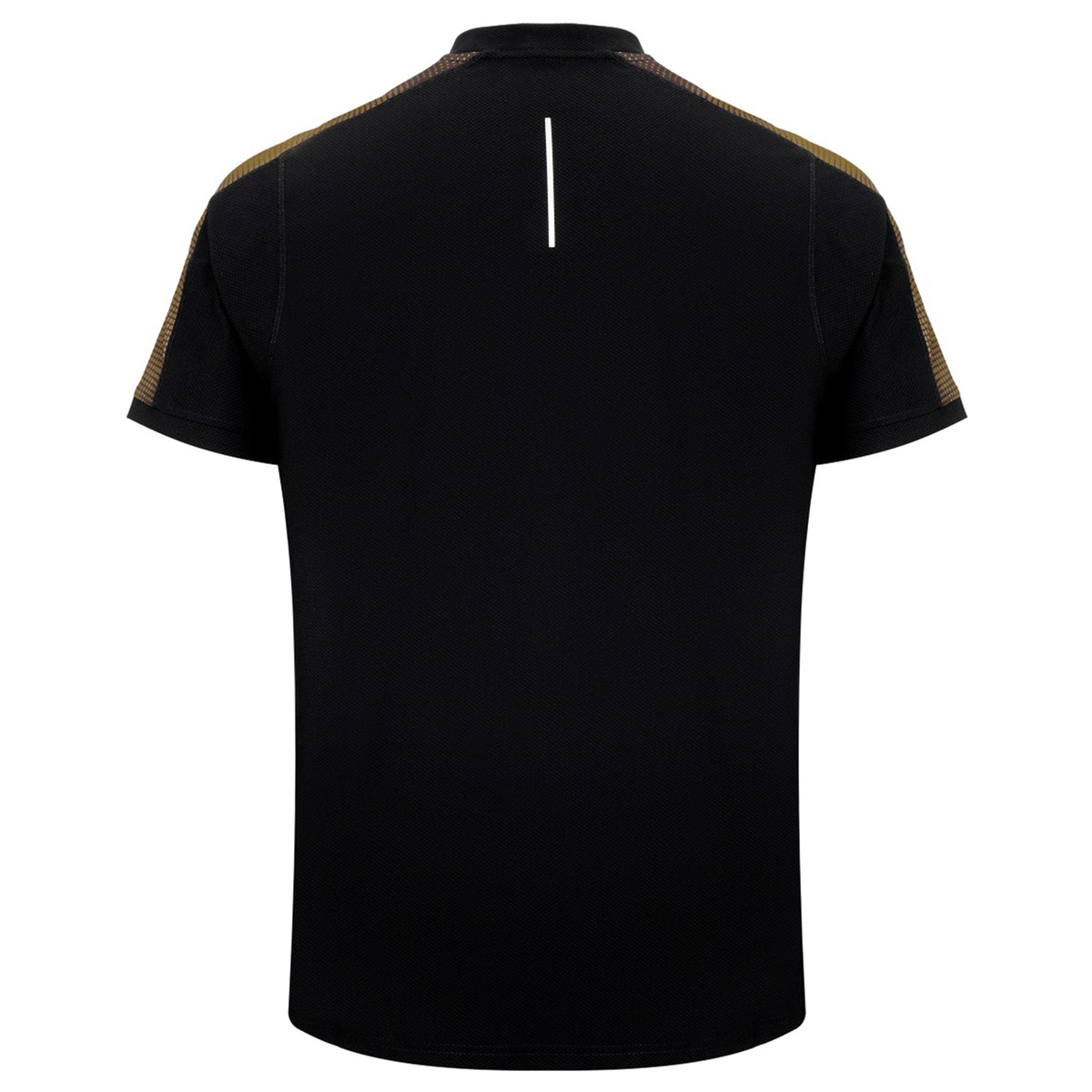 Back view of the Canterbury Tempo+ Drill Top: a black, moisture-wicking performance rugby shirt with dark brown shoulder accents and a vertical white collar stripe—perfect for high-intensity training.