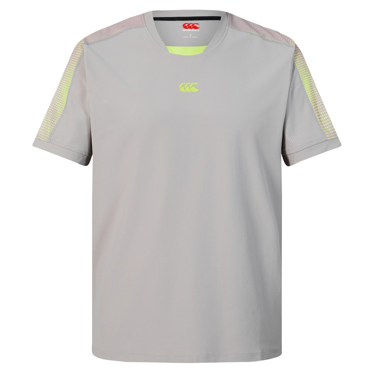 The Canterbury Tempo+ Drill Top is a light grey short-sleeve training top featuring yellow shoulder accents and a small chest logo, made from moisture-wicking fabric to keep you cool and comfortable during workouts.