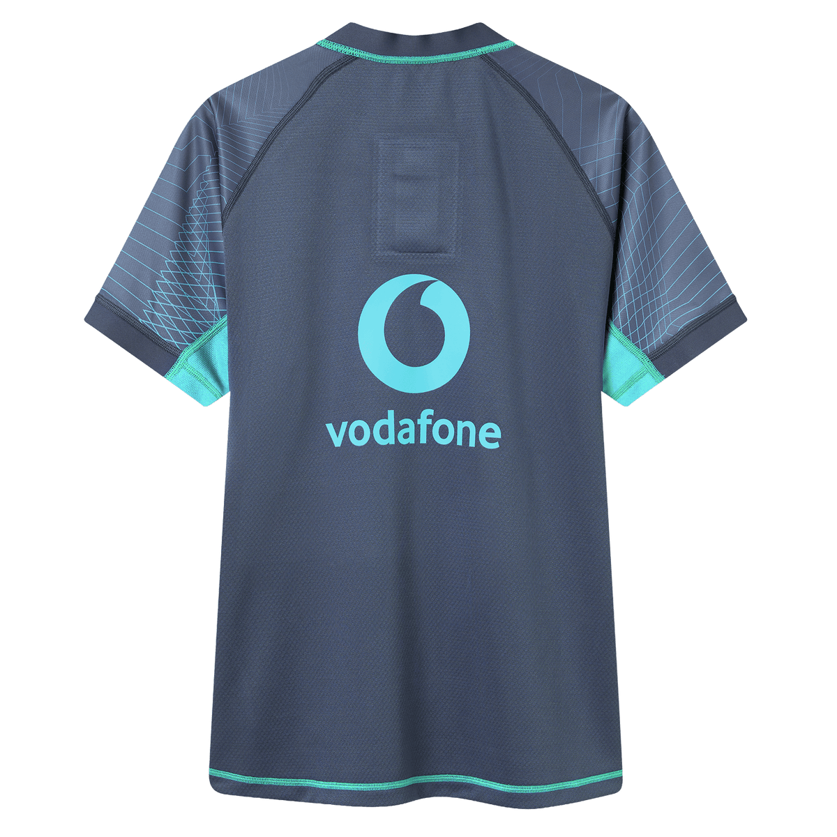 The Ireland 26/27 Summer Tour "Baltic" Training Test Jersey by Canterbury is a short-sleeved dark blue IRFU rugby jersey with light blue and teal accents and the Vodafone logo on the back, crafted in Canterbury’s Test Fit.