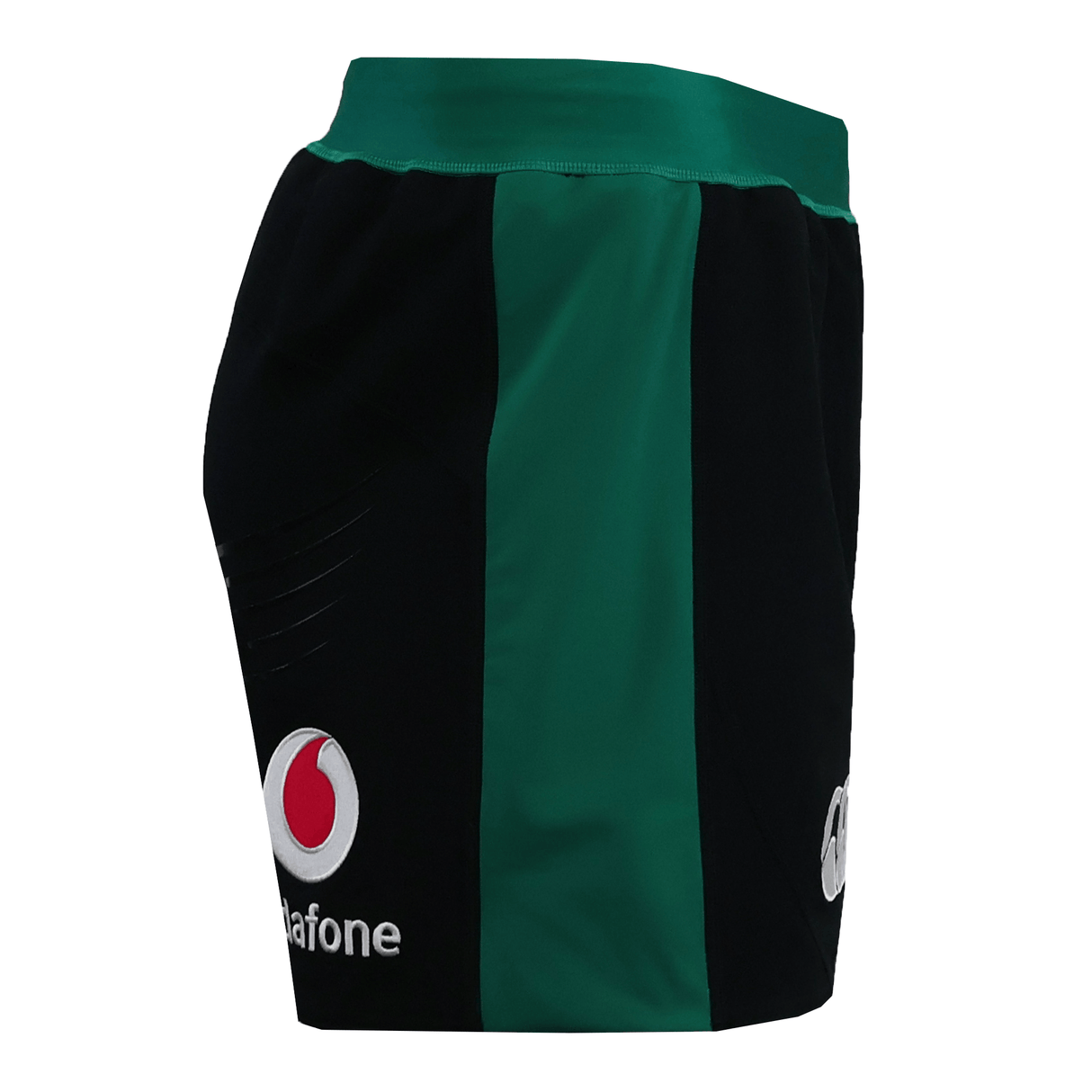 The Ireland 25/26 Alternate Match Short by Canterbury features black and green colors with Vodafone logos on the left front and right side, shown from a side angle—ideal for top-level rugby performance.
