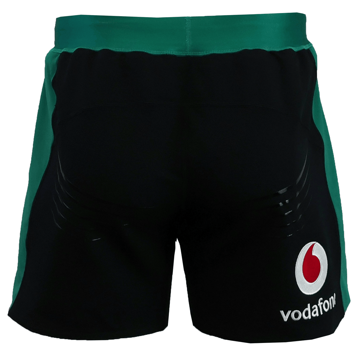 The Ireland 25/26 Alternate Match Short by Canterbury features a black and green design with a Vodafone logo on the lower right back—perfect for fans of Ireland rugby shorts.