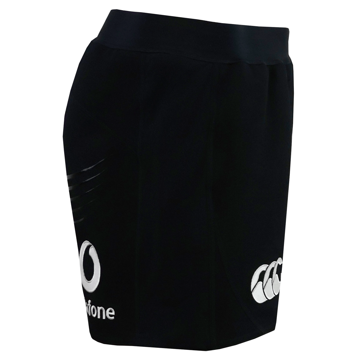 The Ireland 25/26 Training Short by Canterbury features white Vodafone and Canterbury logos on the left front. Shown in black on a white background.