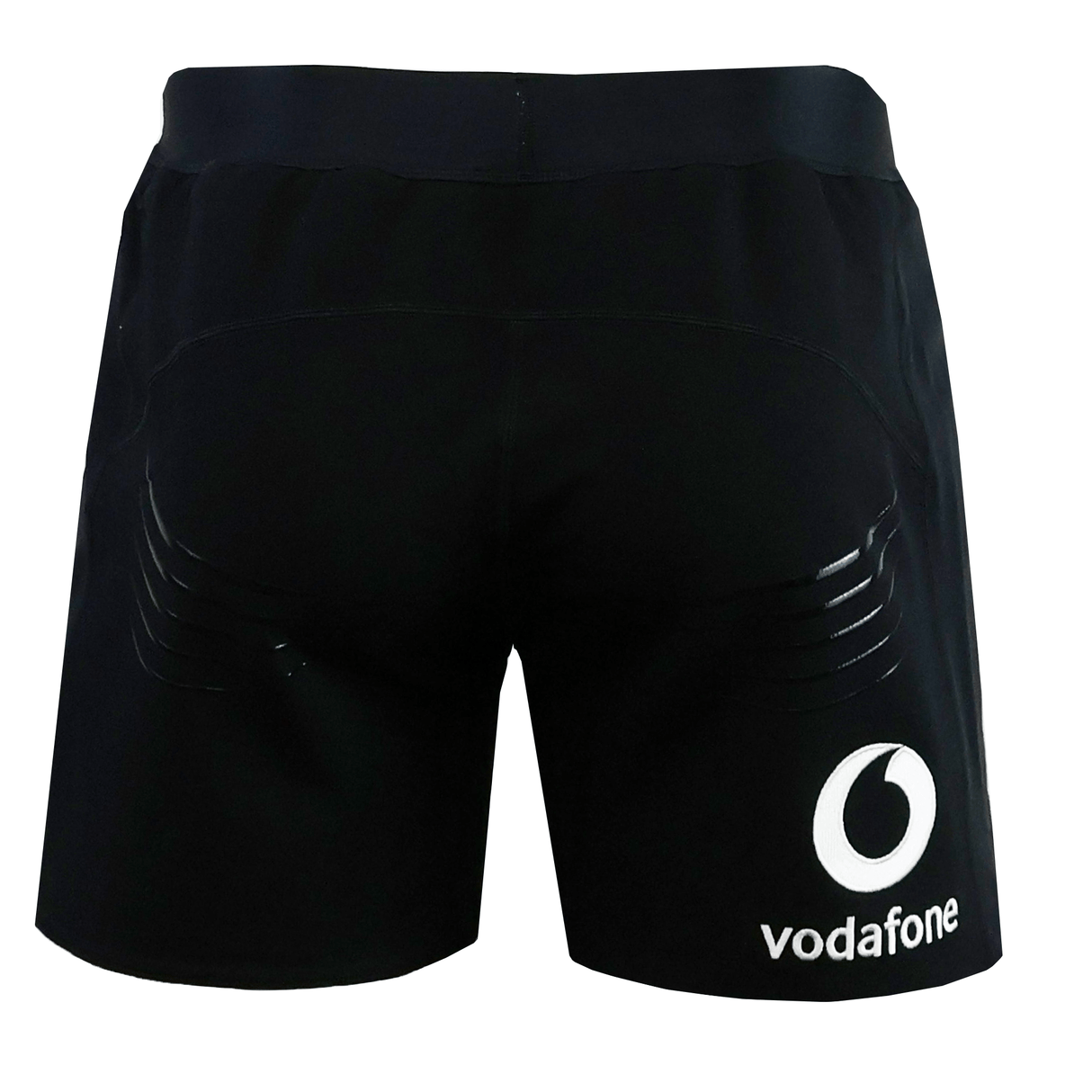 Back view of the Ireland 25/26 Training Short by Canterbury in black, featuring a white Vodafone logo on the lower right side.