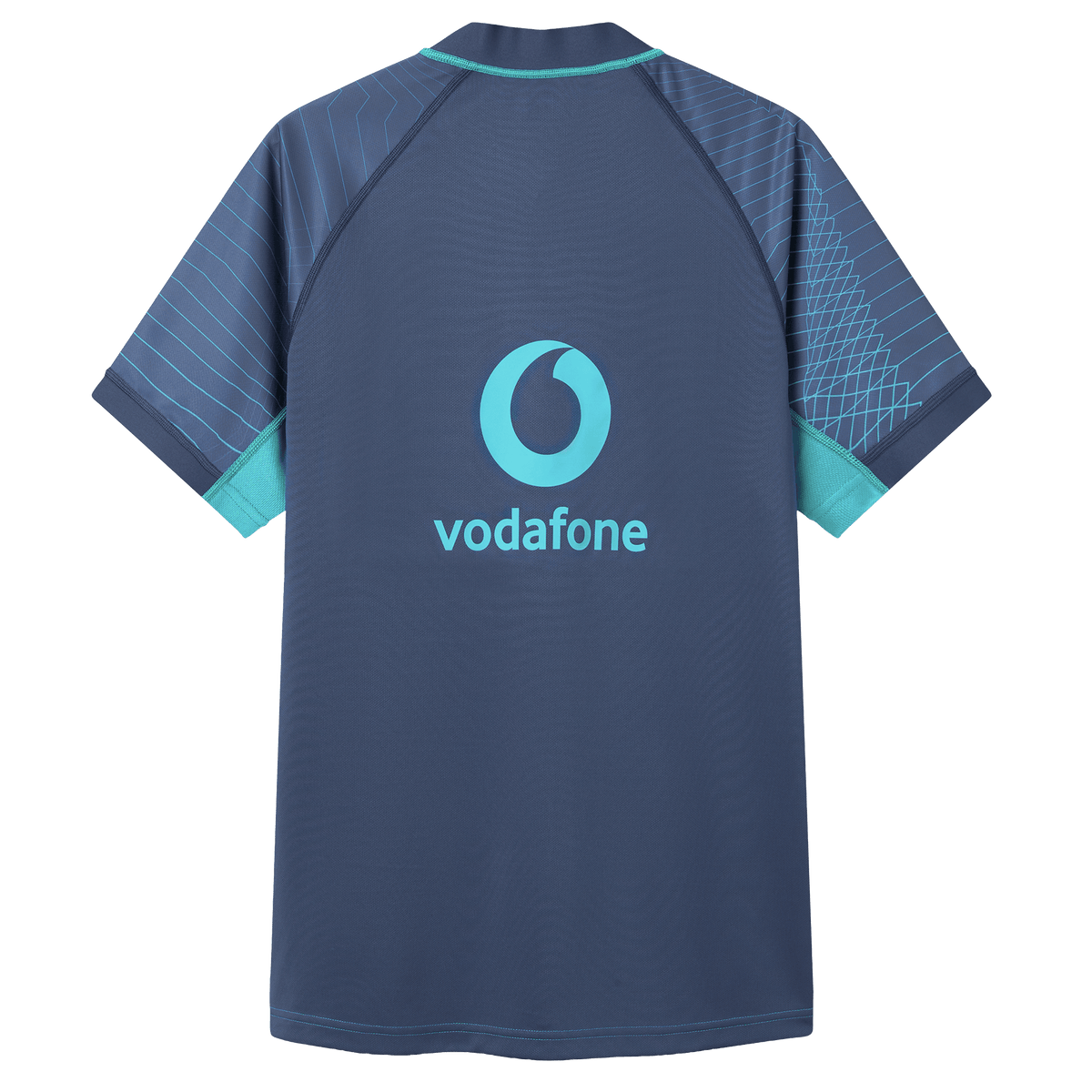The Ireland 26/27 Summer Tour Training Pro Jersey by Canterbury is a navy blue, short-sleeved jersey with turquoise accents, a Pro Fit design, and a Vodafone logo centered on the back.