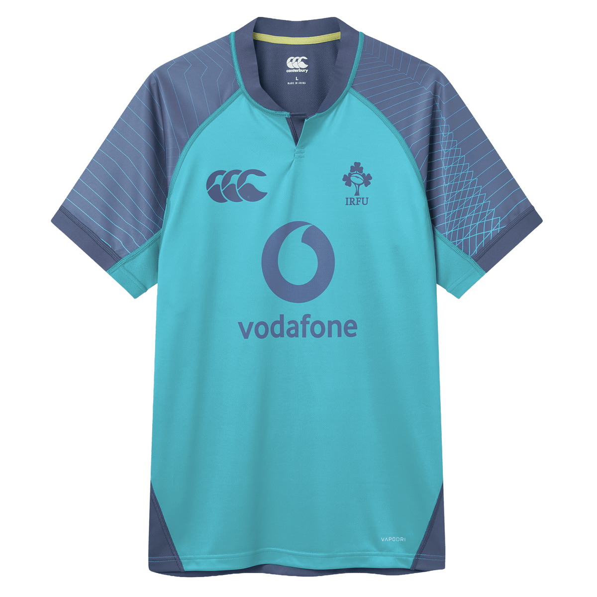 The Ireland 26/27 Summer Tour Training Pro Jersey by Canterbury features a turquoise and navy design, Vodafone logo, IRFU emblem, and Canterbury Pro Fit style on the chest.
