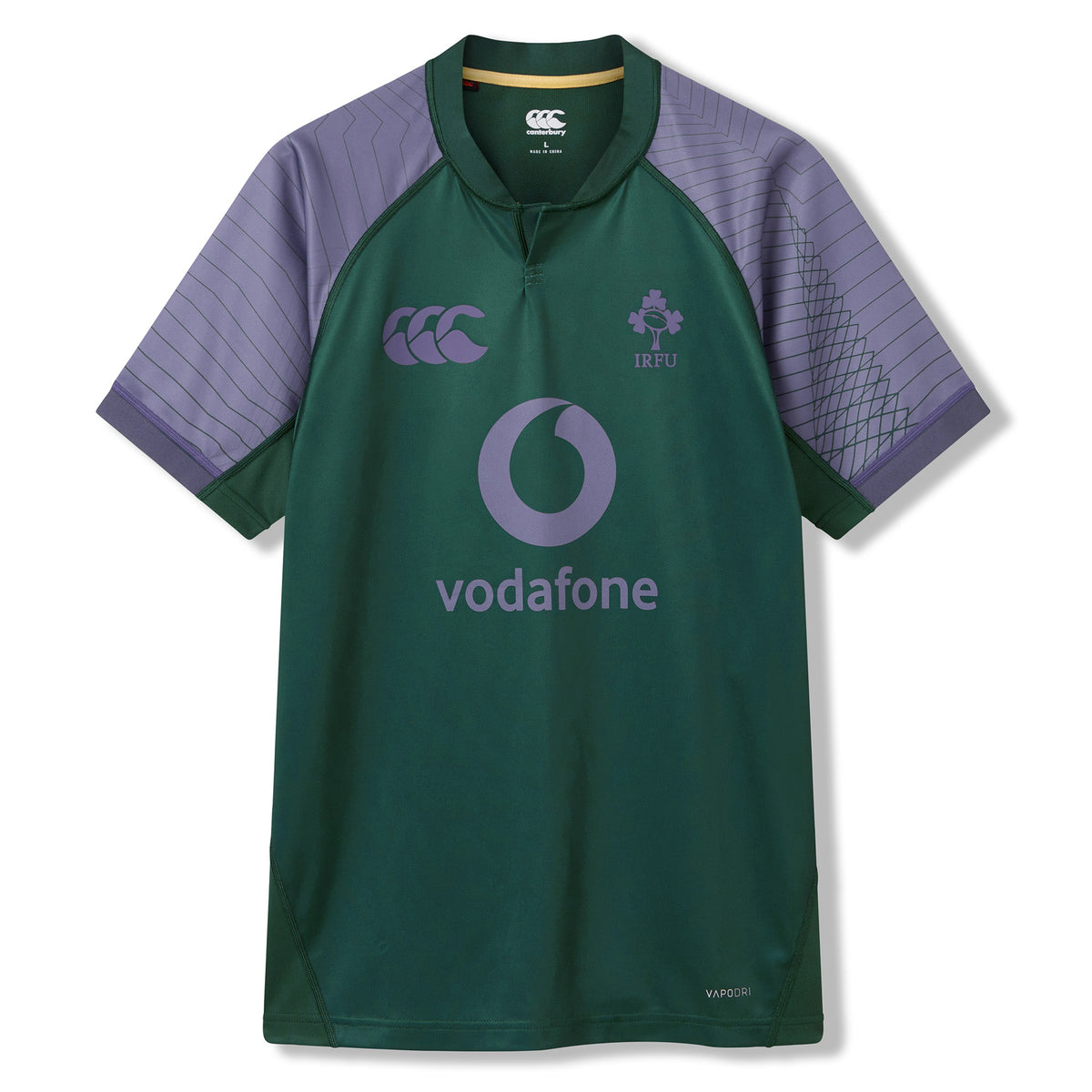 The Ireland 26 Training Pro Jersey by Canterbury features green and purple colors, the Vodafone logo, Canterbury branding, and the IRFU emblem. Crafted from VapoDri fabric for optimum performance, this Canterbury training jersey is showcased against a white background.