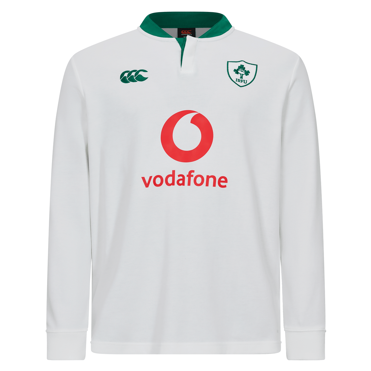 The Ireland 25/26 Long Sleeve Classic Alternate Jersey by Canterbury features a heritage white design with green trim, the Irish Rugby Football Union logo, Canterbury branding, and Vodafone sponsor on the front.