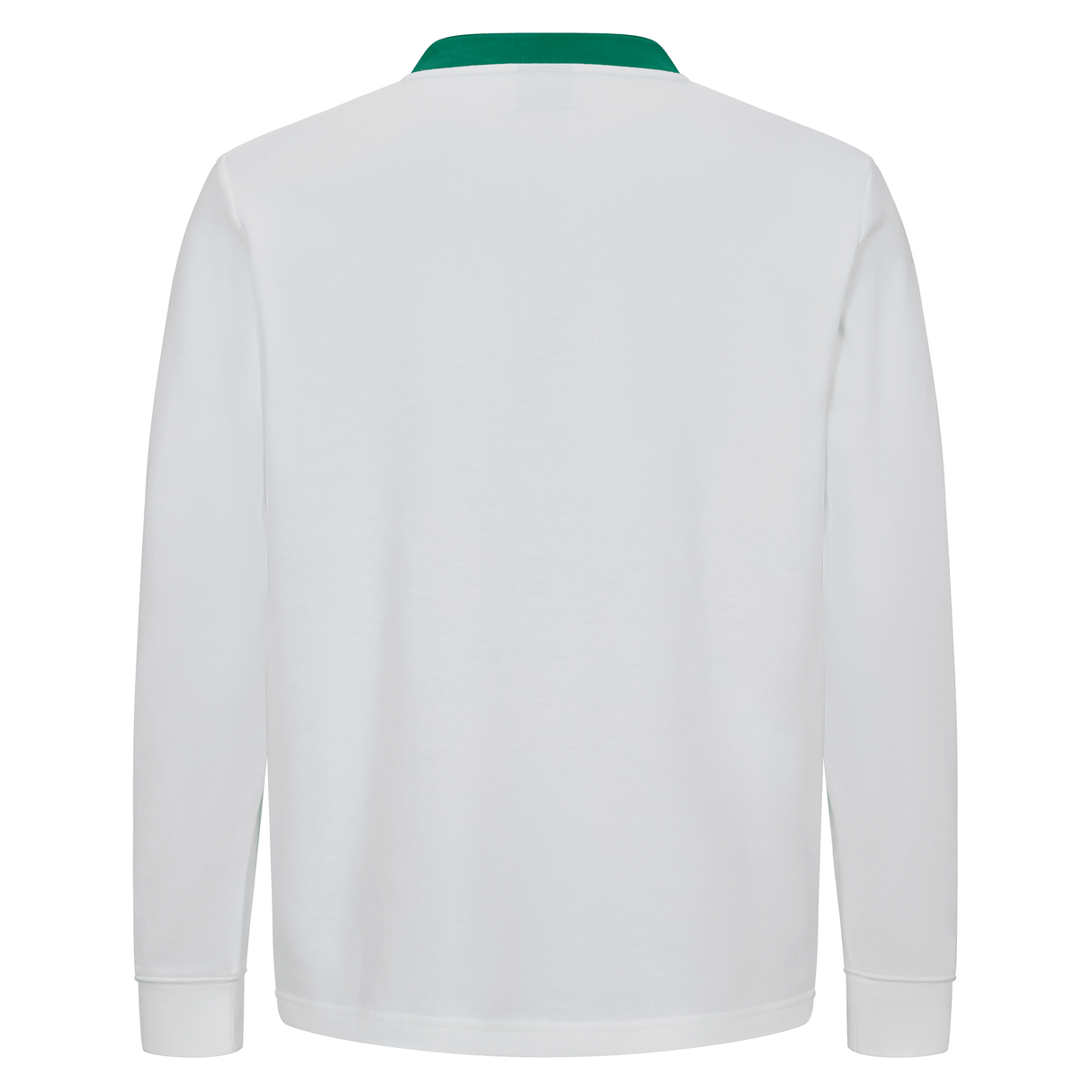 Back view of the Canterbury Ireland 25/26 Long Sleeve Classic Alternate Jersey in white with a green collar, featuring classic Ireland rugby design, displayed against a plain white background.