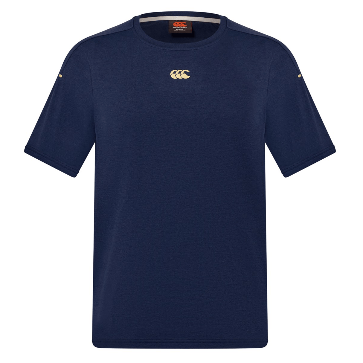 The Canterbury Everest Dart Tech T-Shirt is a navy blue, short-sleeve polyester shirt with a small white Canterbury logo on the chest, designed for breathability and moisture wicking. Shown on a plain white background.