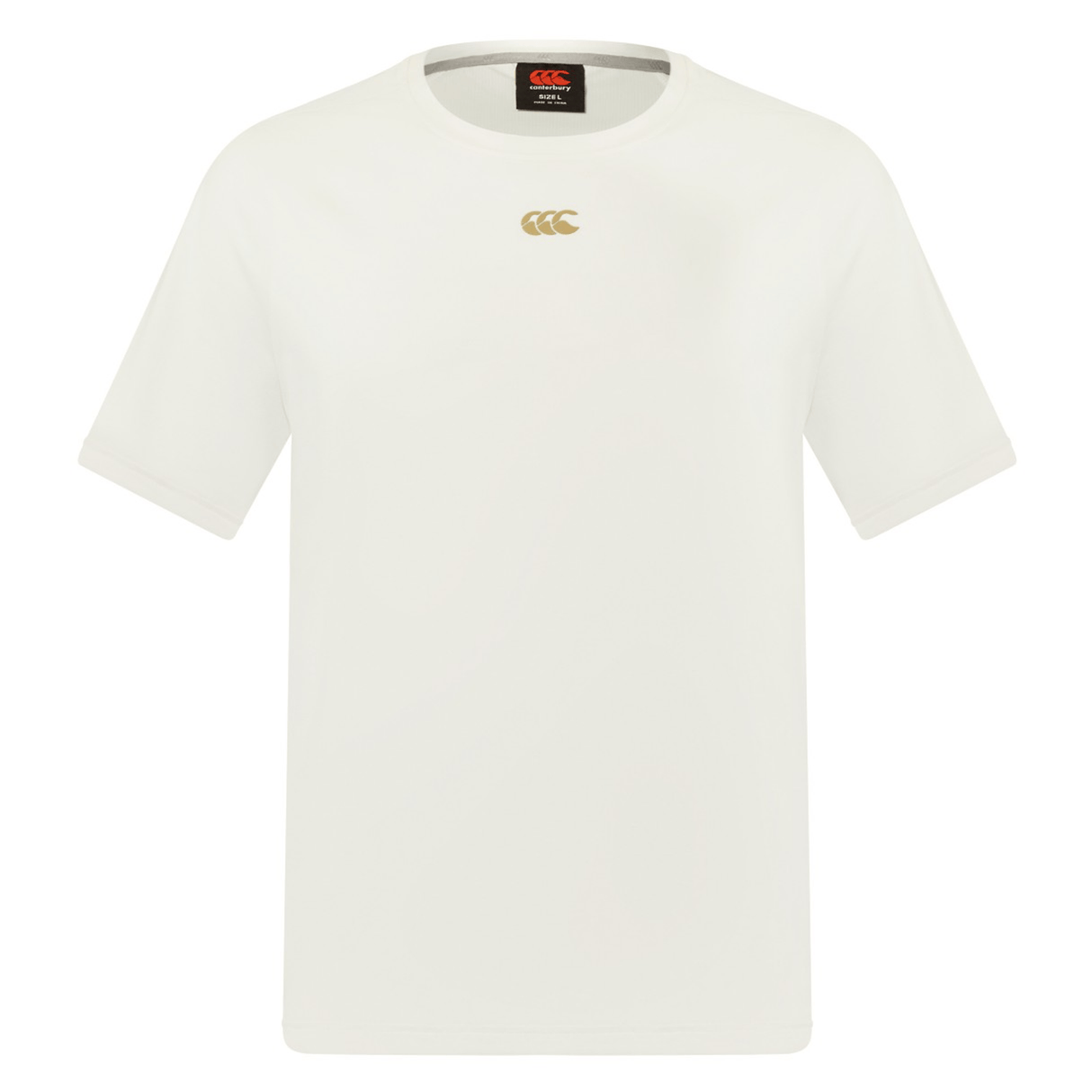 The Canterbury Everest Dart Tech T-Shirt by Canterbury is a plain white short-sleeve shirt with a small gold logo near the neckline, made from moisture-wicking polyester for breathable comfort during workouts or active days.