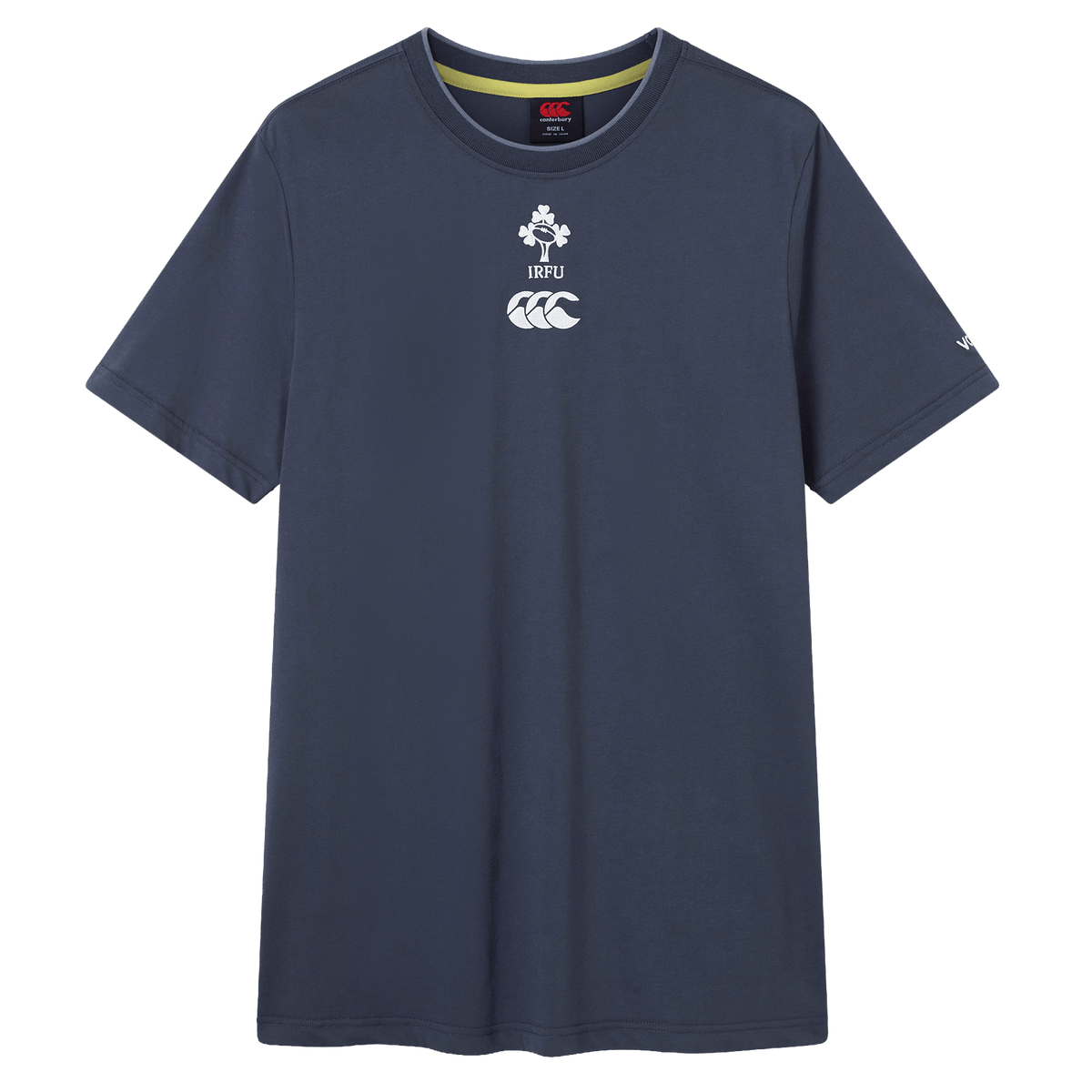 The Ireland 26/27 Summer Tour Team Cotton T-Shirt by Canterbury is a navy short-sleeve tee featuring the IRFU and Canterbury logos—ideal for fans supporting the team this summer.