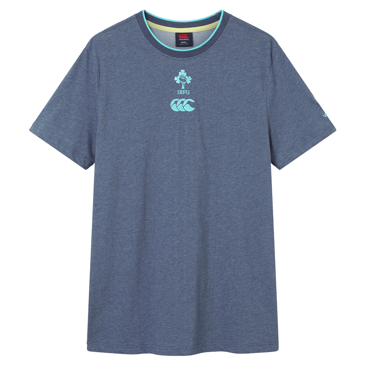 The Ireland 26/27 Summer Tour Team Cotton T-Shirt by Canterbury features short sleeves, a heather blue color, round neck, and IRFU plus Canterbury logos—ideal for supporting the team this summer.