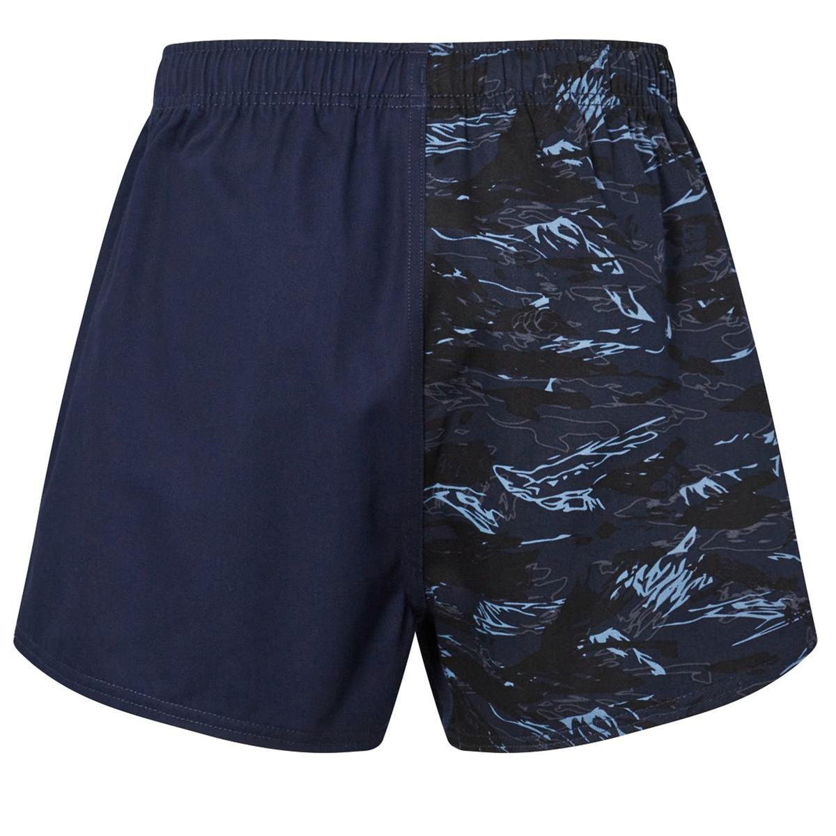 The Force Harlequin Drill Shorts by Canterbury feature one leg in solid navy and the other in a blue and black abstract camo, blending classic Canterbury design with bold Force style.