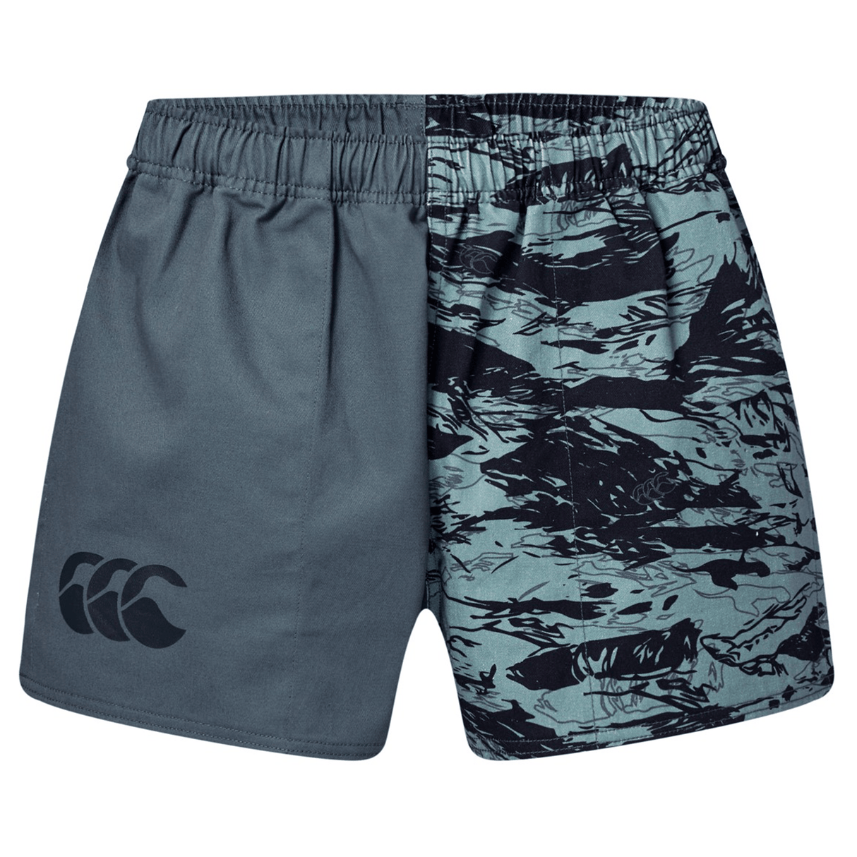 The Canterbury Force Harlequin Drill Short by Canterbury features an elastic waistband; the left side is solid gray with a logo, and the right side displays a blue and black abstract pattern.