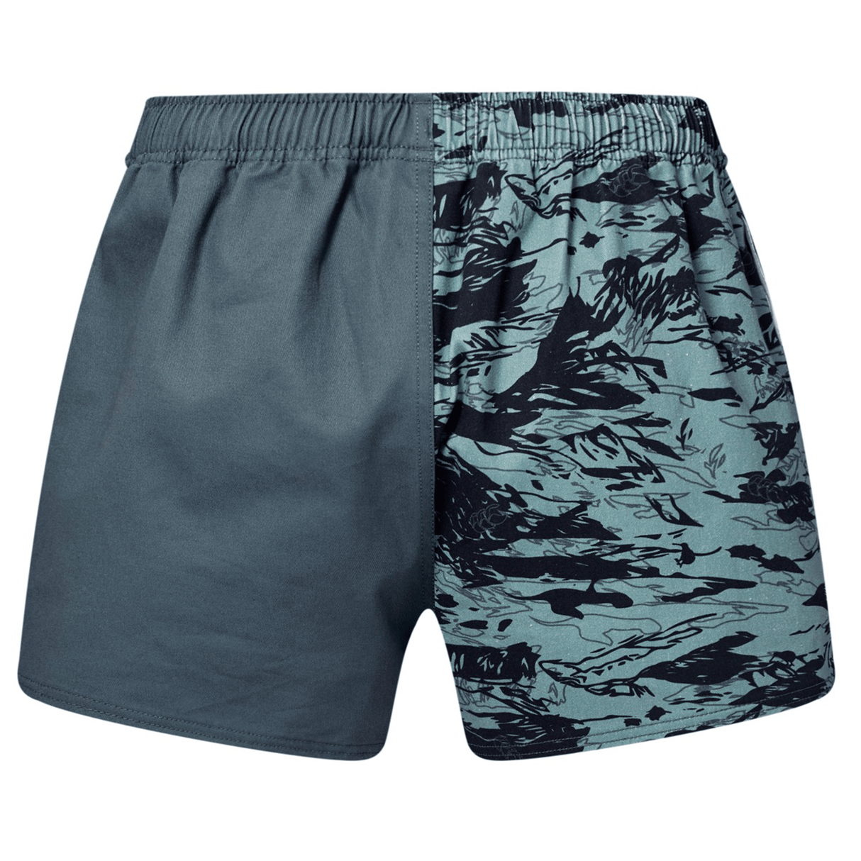 The Canterbury Force Harlequin Drill Short by Canterbury is a men's durable training short with a split design: one half solid gray, the other blue and black abstract pattern.