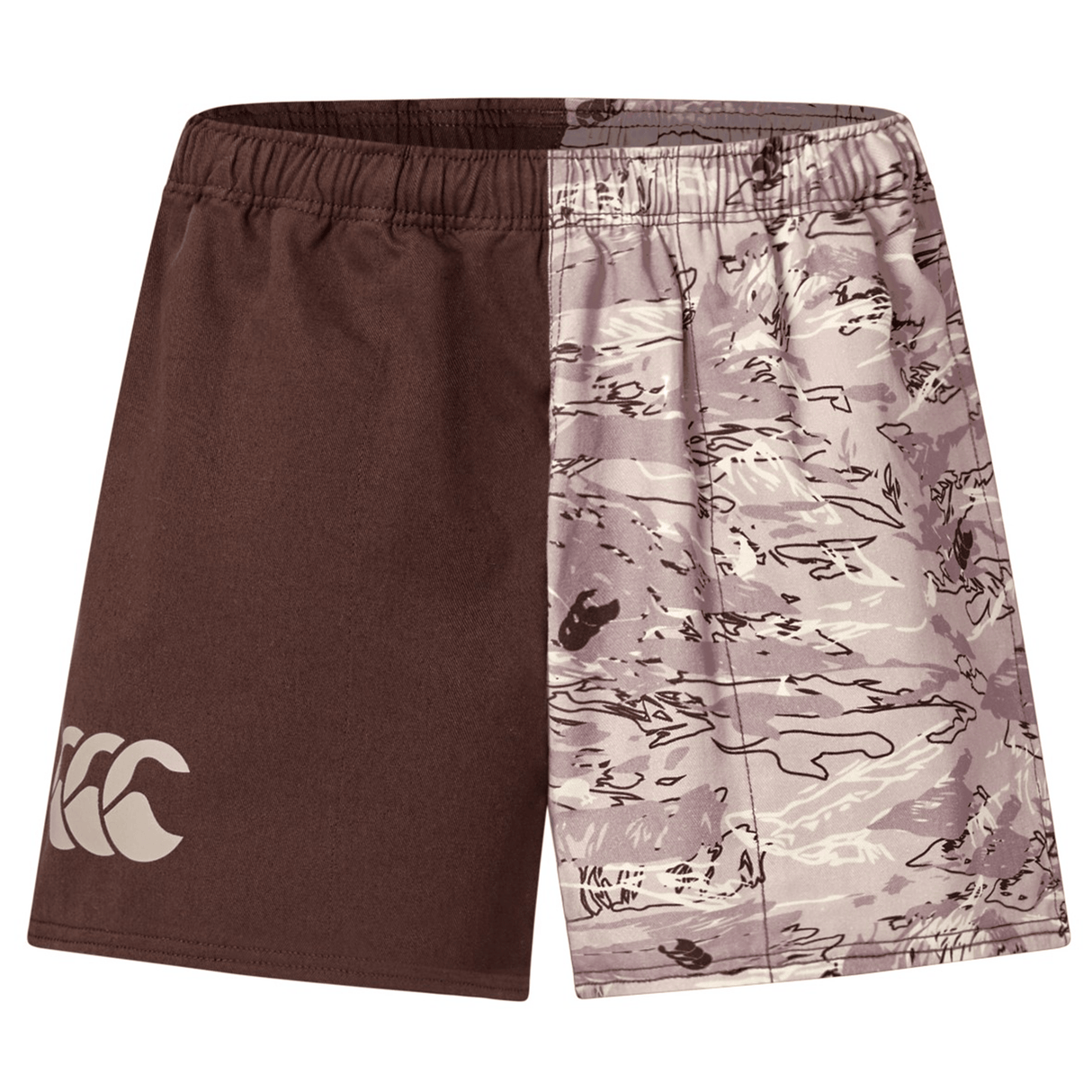 The Canterbury Force Harlequin Drill Short by Canterbury features one solid brown leg and one beige leg with an abstract brown pattern, plus a white logo on the left hem, making it a durable choice for training.