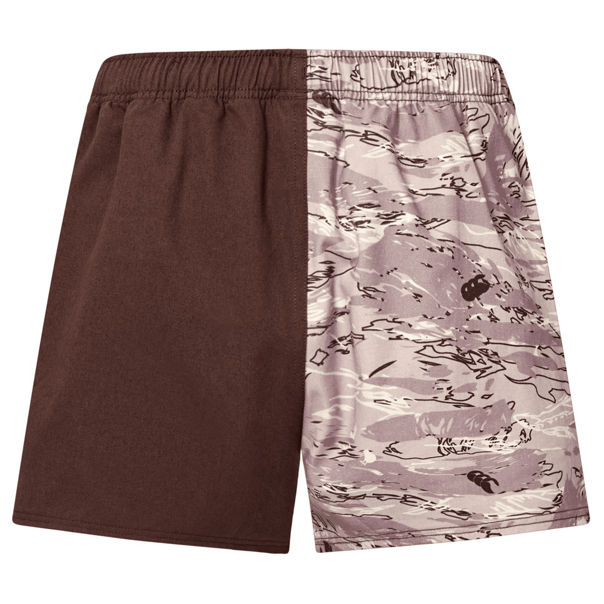 The Canterbury Force Harlequin Drill Short by Canterbury features a durable design with an elastic waistband; the left half is solid brown and the right half has a brown and beige abstract camo pattern inspired by military utility shorts.