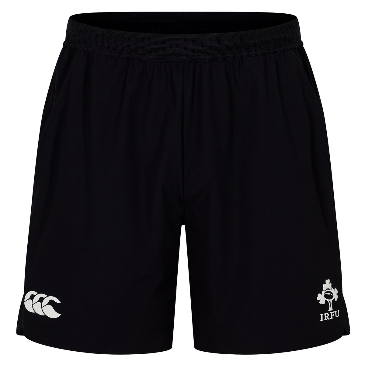 The Ireland 25/26 Gym Training Short by Canterbury features black fabric, an elastic waistband, the Canterbury logo on the left leg, and the IRFU logo on the right leg—perfect for gym sessions.