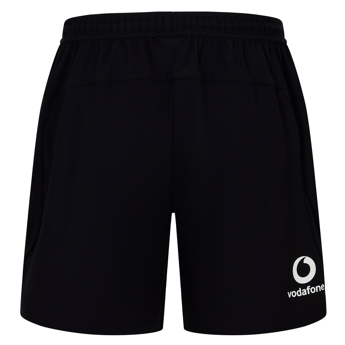 The Ireland 25/26 Gym Training Short by Canterbury features an elastic waistband and a white Vodafone logo on the lower right leg. Ideal for gym sessions or rugby training, these black IRFU shorts combine comfort and style.