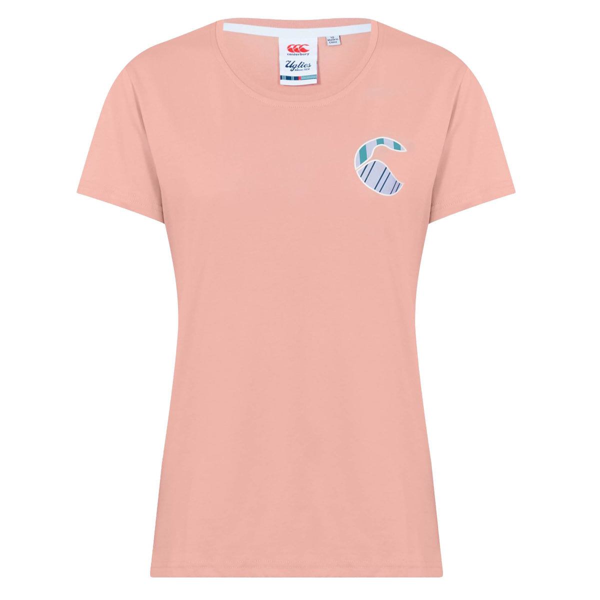 The Women’s Canterbury Uglies Logo T-Shirt by Canterbury is a light pink, short-sleeve rugby-style tee featuring a small, stylized blue and white “C” on the left chest—a playful nod to Canterbury’s iconic Uglies collection.