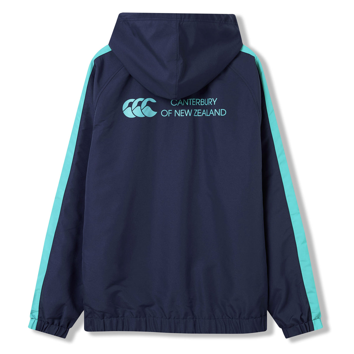 Introducing the Ireland 26 Legends 1/4 Zip Jacket by Canterbury—a navy blue jacket featuring a hood and light blue stripes on the sleeves, inspired by the classic Canterbury rugby jacket style. The back is adorned with Canterbury of New Zealand logo and white text, making it a standout addition to any Ireland Rugby jacket collection.