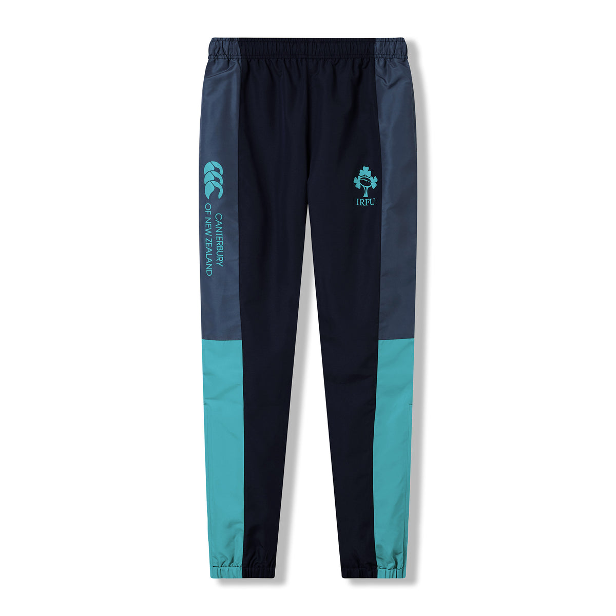 The Ireland 26 Legends 32″ Trackpant by Canterbury features navy, teal, and grey color blocks, an elastic waistband and cuffs, and comes with the Canterbury and IRFU logos on the front.