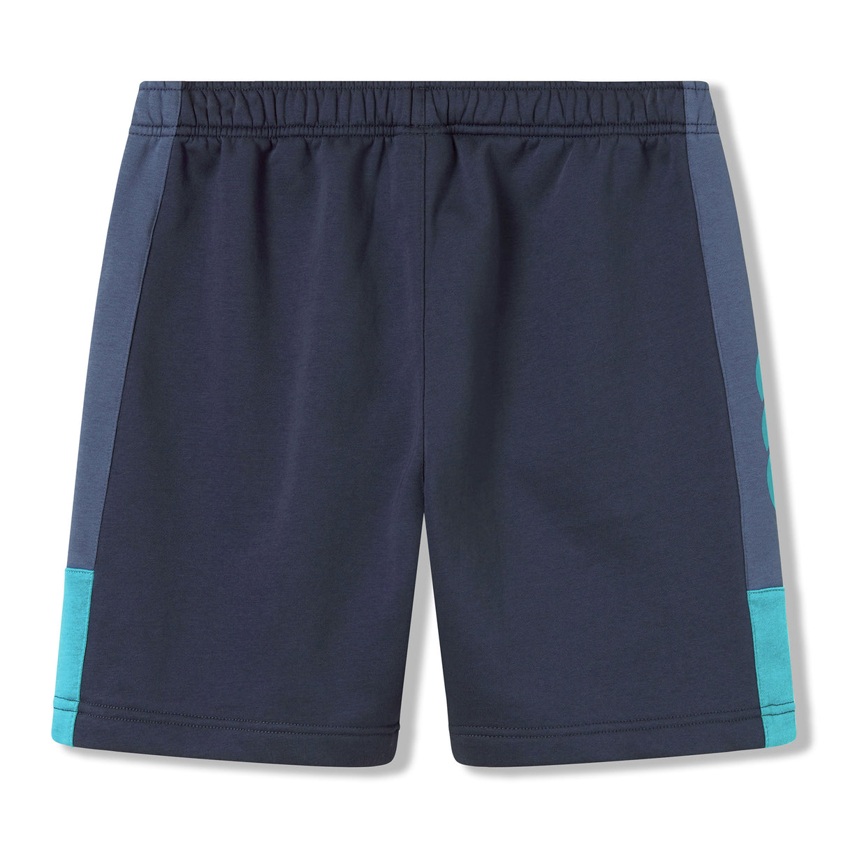 The Ireland 26 Legends 7″ Shorts by Canterbury feature a navy blue design with teal side accents, an elastic waistband, and a straight hem, evoking the classic style of Canterbury’s Ireland rugby shorts, and are shown against a white background.