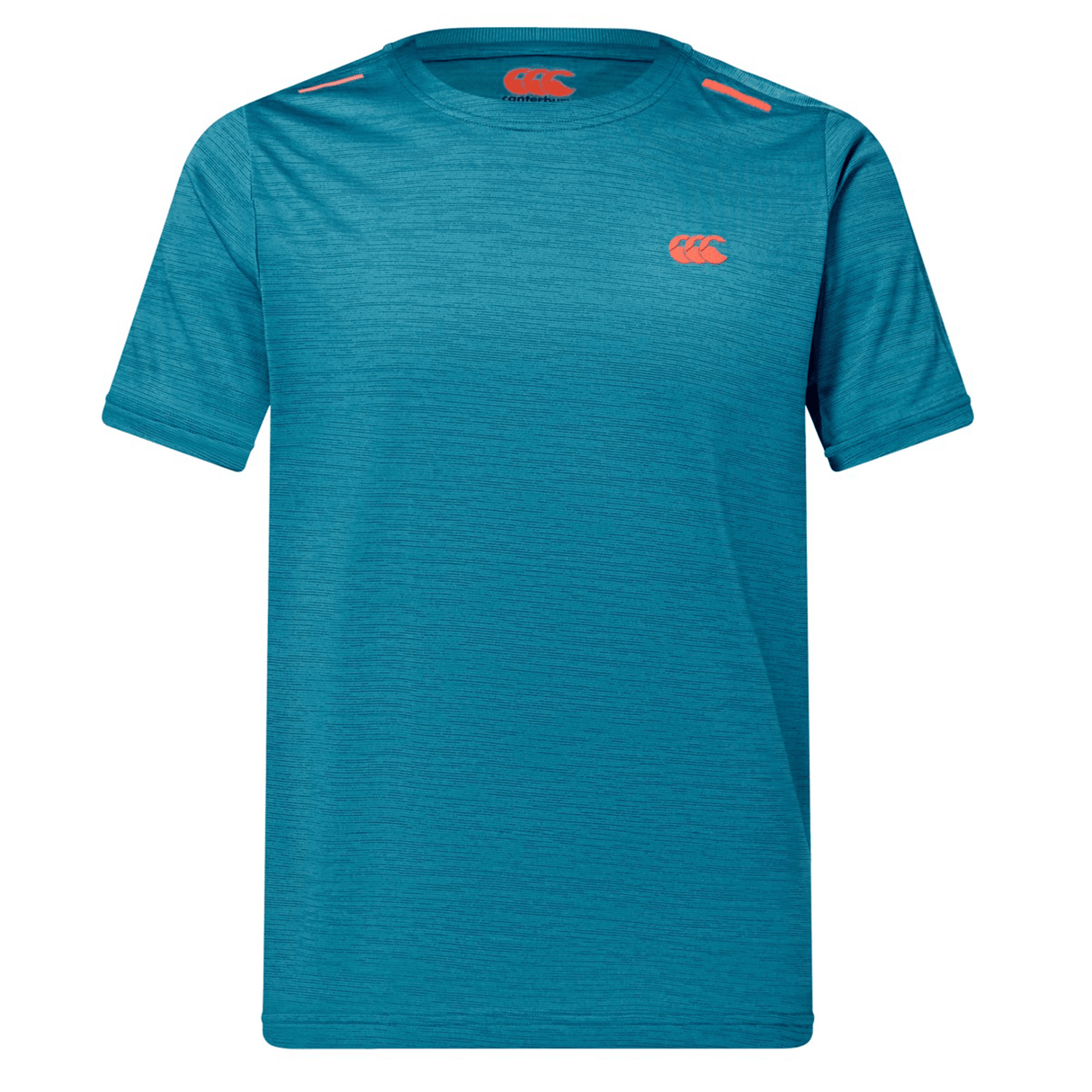 The Canterbury Tempo Relaxed T-Shirt by Canterbury is a blue, short-sleeved tee with a round neck, made from breathable fabric and detailed with red logo accents on the chest and shoulders for a performance-ready style.