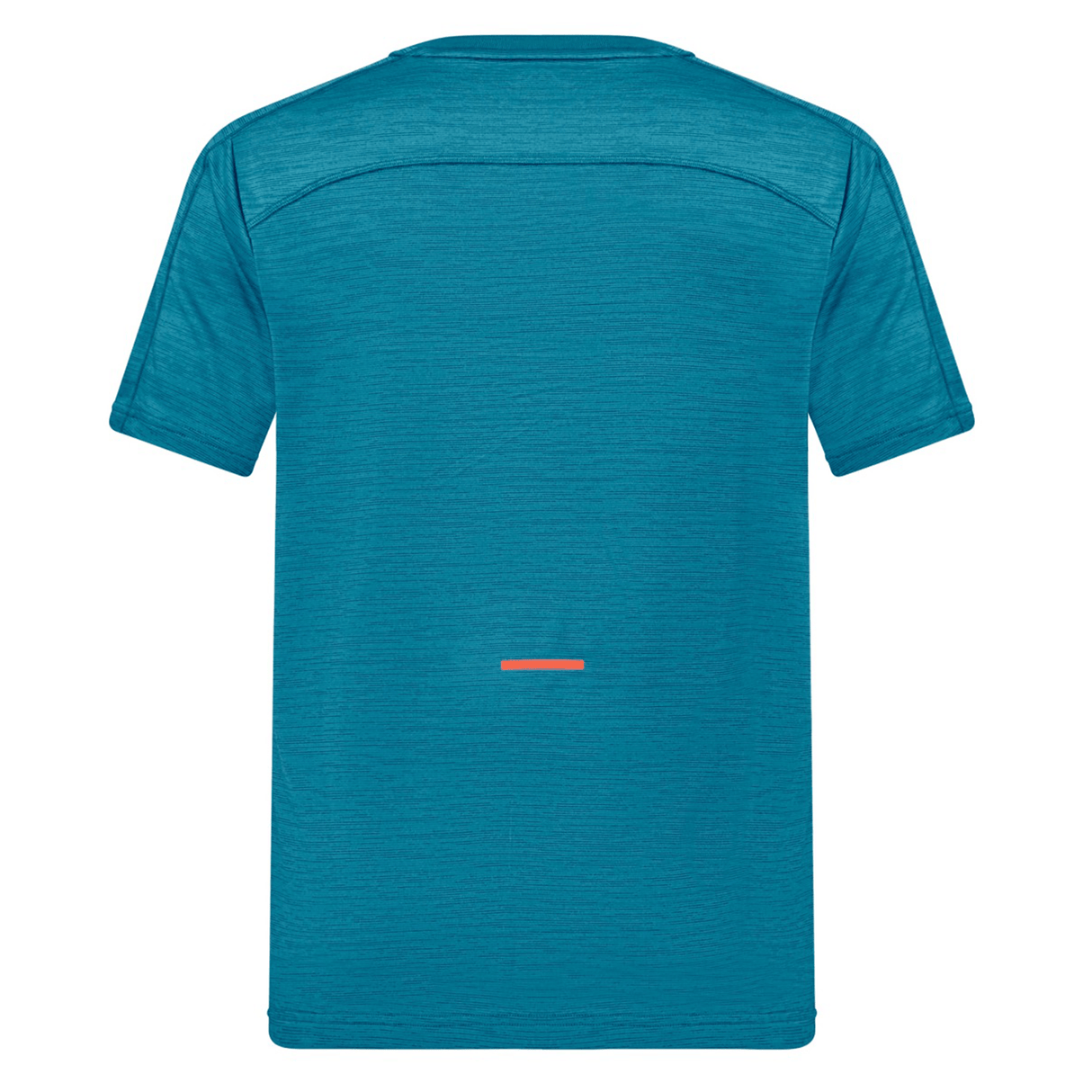 The Canterbury Tempo Relaxed T-Shirt in blue is shown from the back, featuring a small horizontal orange reflective strip near the lower back. This Canterbury tee is crafted from breathable fabric for a performance-ready feel.