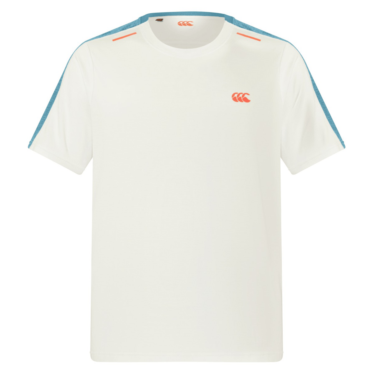The Canterbury Tempo Relaxed T-Shirt features white, short sleeves, blue shoulder and sleeve panels, orange accents, an orange logo on the left chest, and is made from breathable fabric for a performance-ready feel.