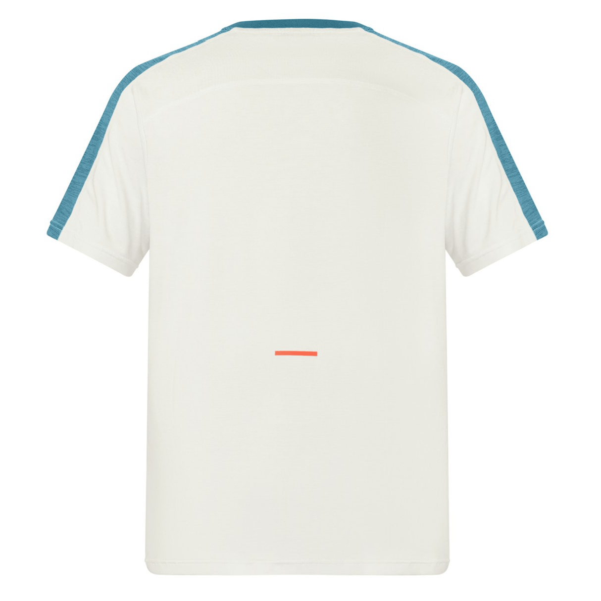 The Canterbury Tempo Relaxed T-Shirt by Canterbury features a white back view with teal shoulder and sleeve panels, made from breathable fabric and detailed with a small horizontal red line near the lower center for enhanced style.