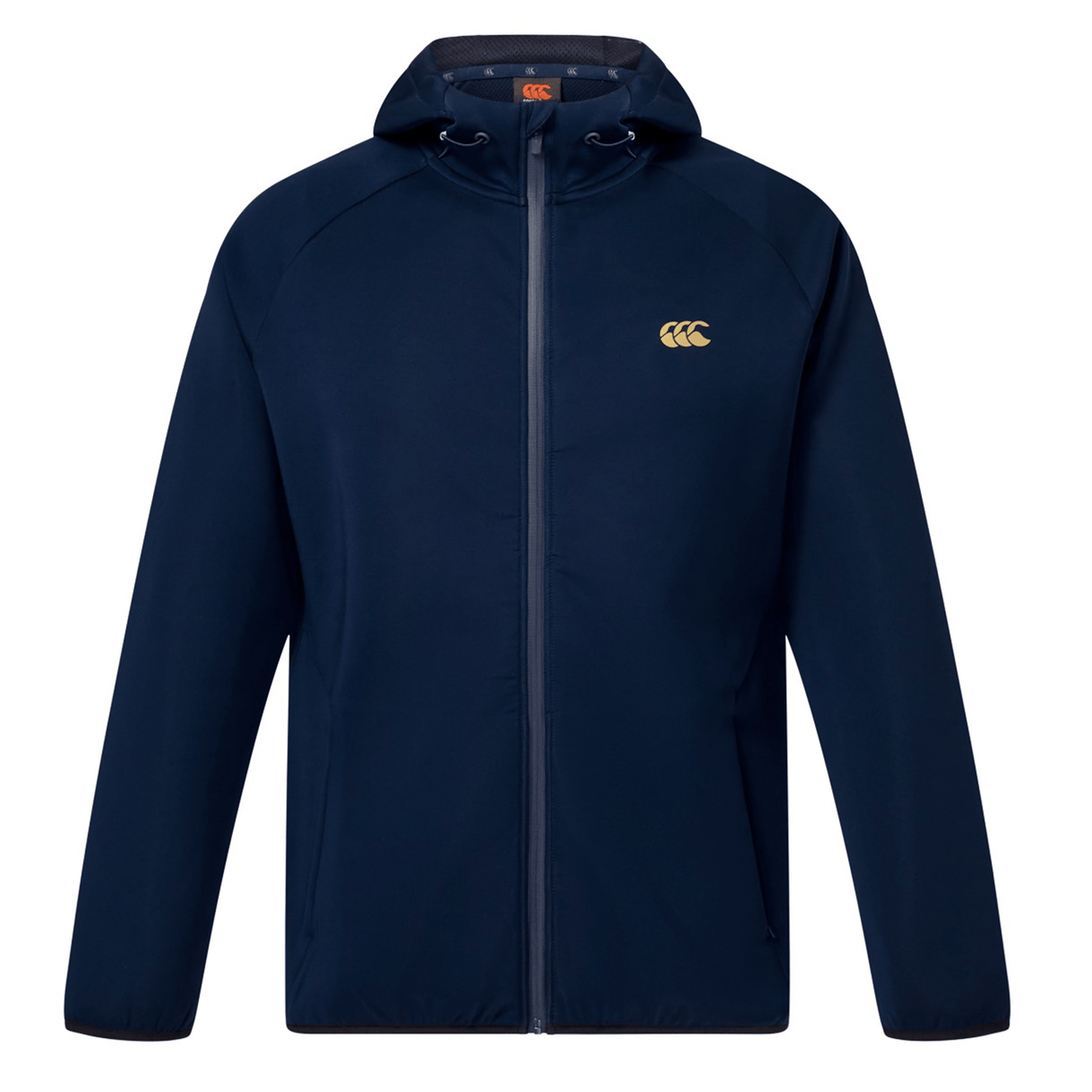 The Canterbury Everest Full Zip Hoodie in navy blue features a front zipper and a small yellow logo on the left chest, making it ideal as a performance training hoodie.