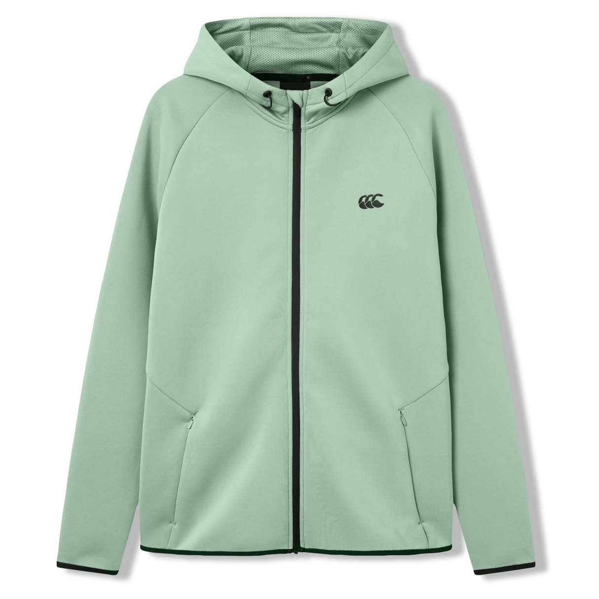 Canterbury Everest Zip Thru Hoodie in light green features a hood, black zipper, side pockets, and a small black logo on the left chest—a stylish performance hoodie from Canterbury.